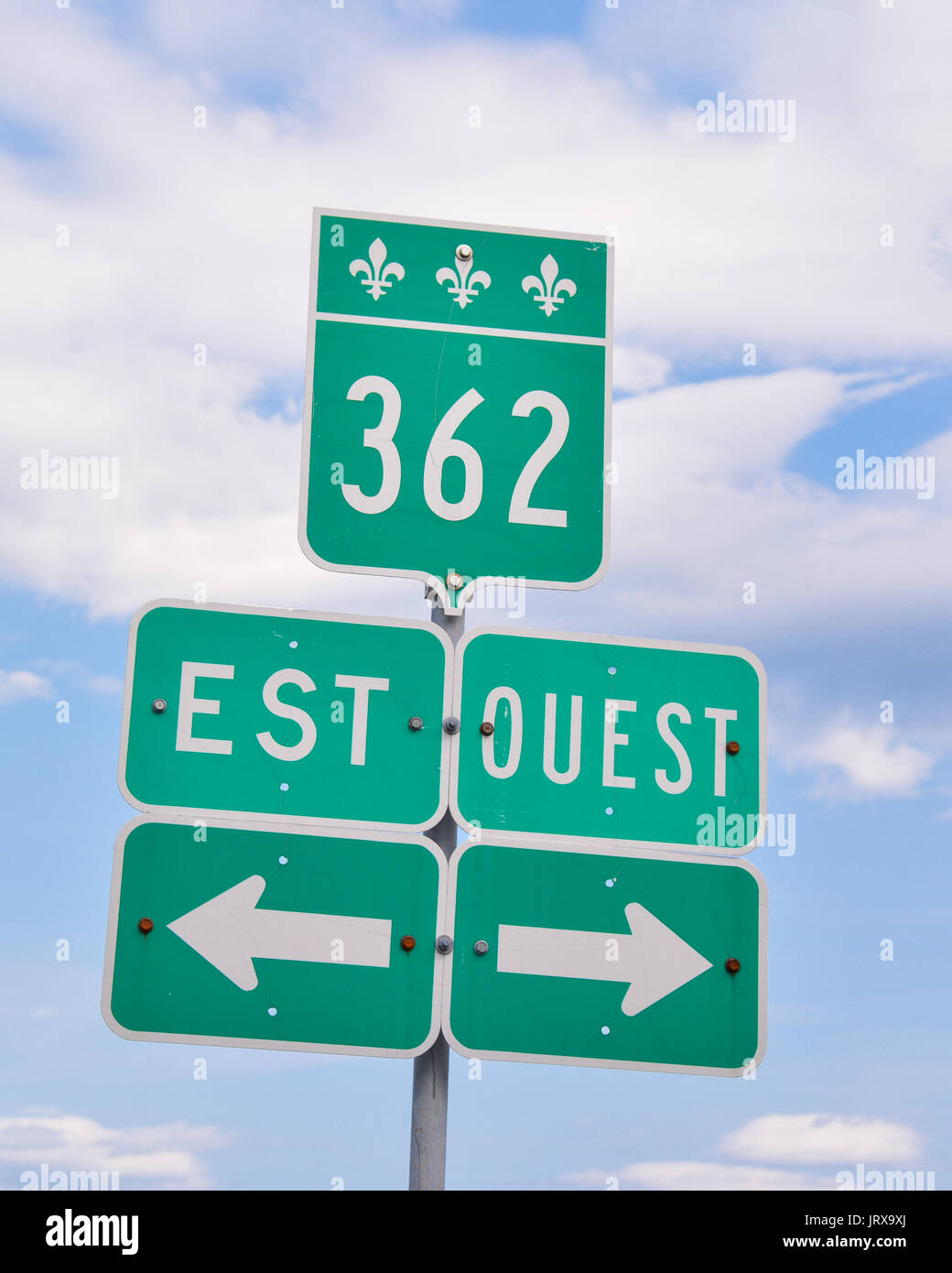 Route 362 östlich Est West Ouest Schild, Quebec, Kanada Stockfoto