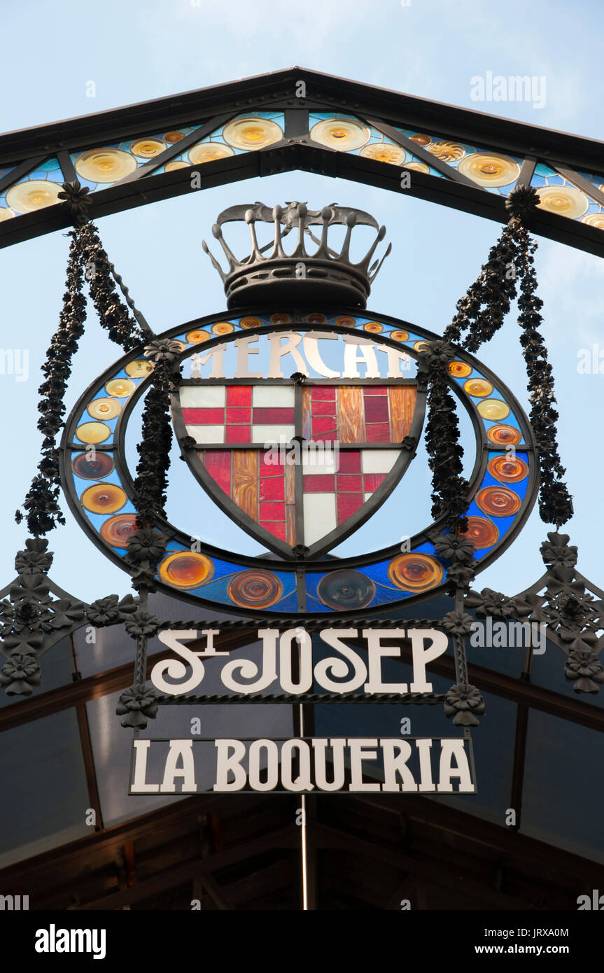 Schild über Eingang von La boueria Markt La Rambla Barcelona Spanien Stockfoto