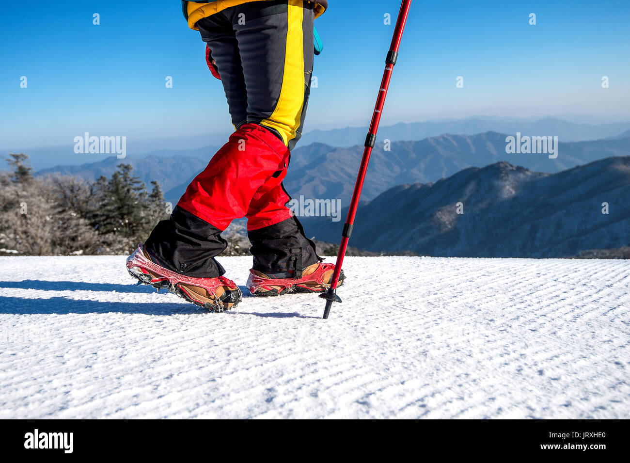 Blick auf das Gehen auf Schnee mit Schneeschuhen und Schuh Spikes im Winter. Stockfoto