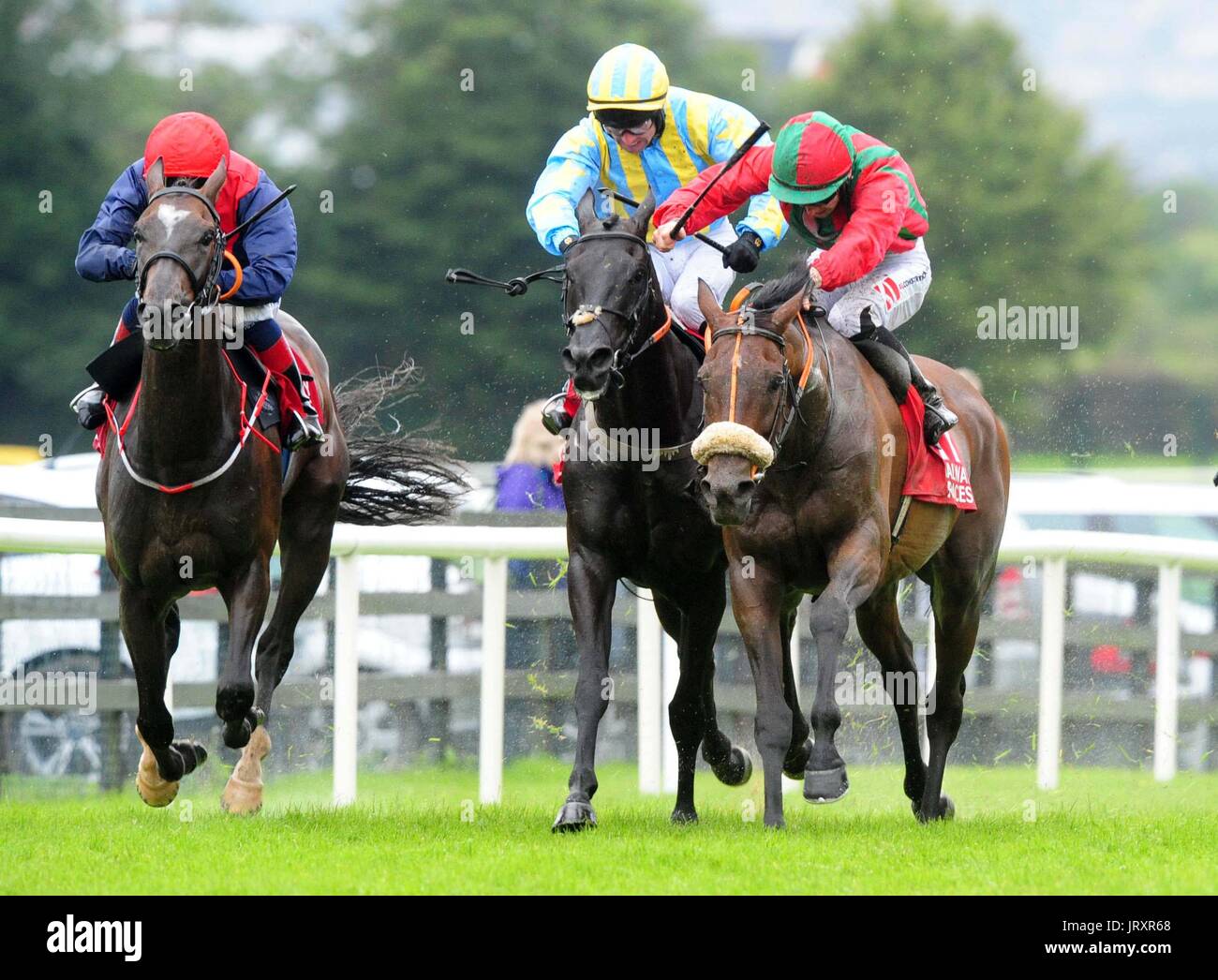 Dara Tango und Jockey Colin Keane (rechts) gehen auf die JPK Fechten Handicap tagsüber Mad Hatters des Sommerfestivals Galway in Galway Rennbahn zu gewinnen. Stockfoto