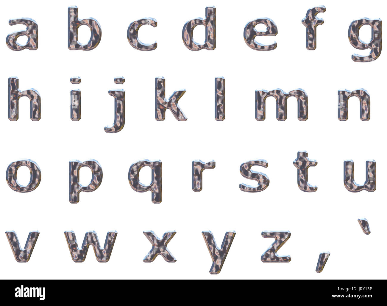 Alphabet Kleinbuchstaben in gehämmert Chrom auf einem isolierten weißen Hintergrund mit einen Freistellungspfad Stockfoto
