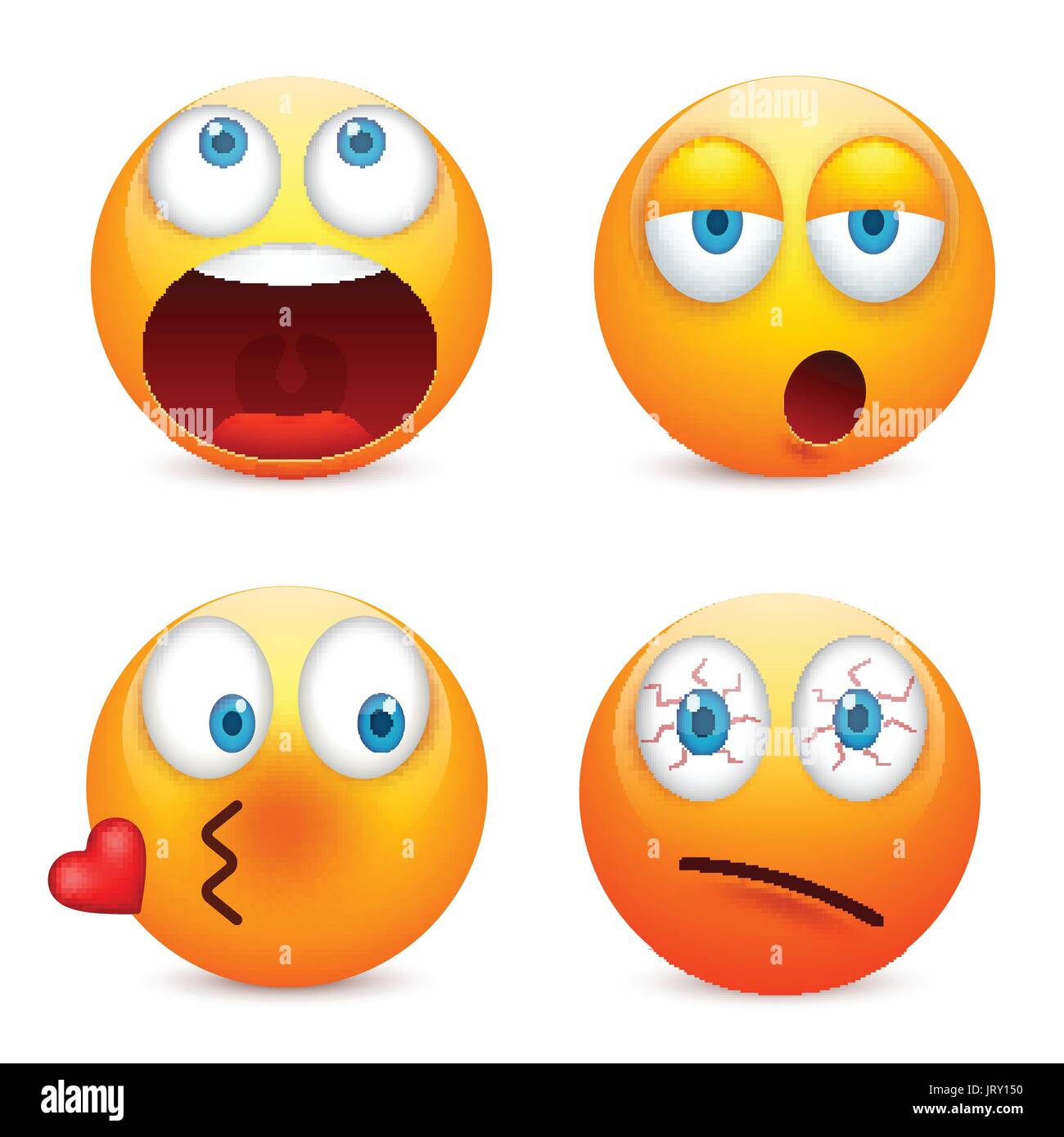 Smiley mit blauen Augen, Emoticon-Satz. Gelbes Gesicht mit Emotionen. Gesichtsausdruck. 3D realistisch Emoji. Traurig, glücklich, wütend Gesichter. Lustige Comic-Figur. Mood.Vector Abbildung. Stock Vektor