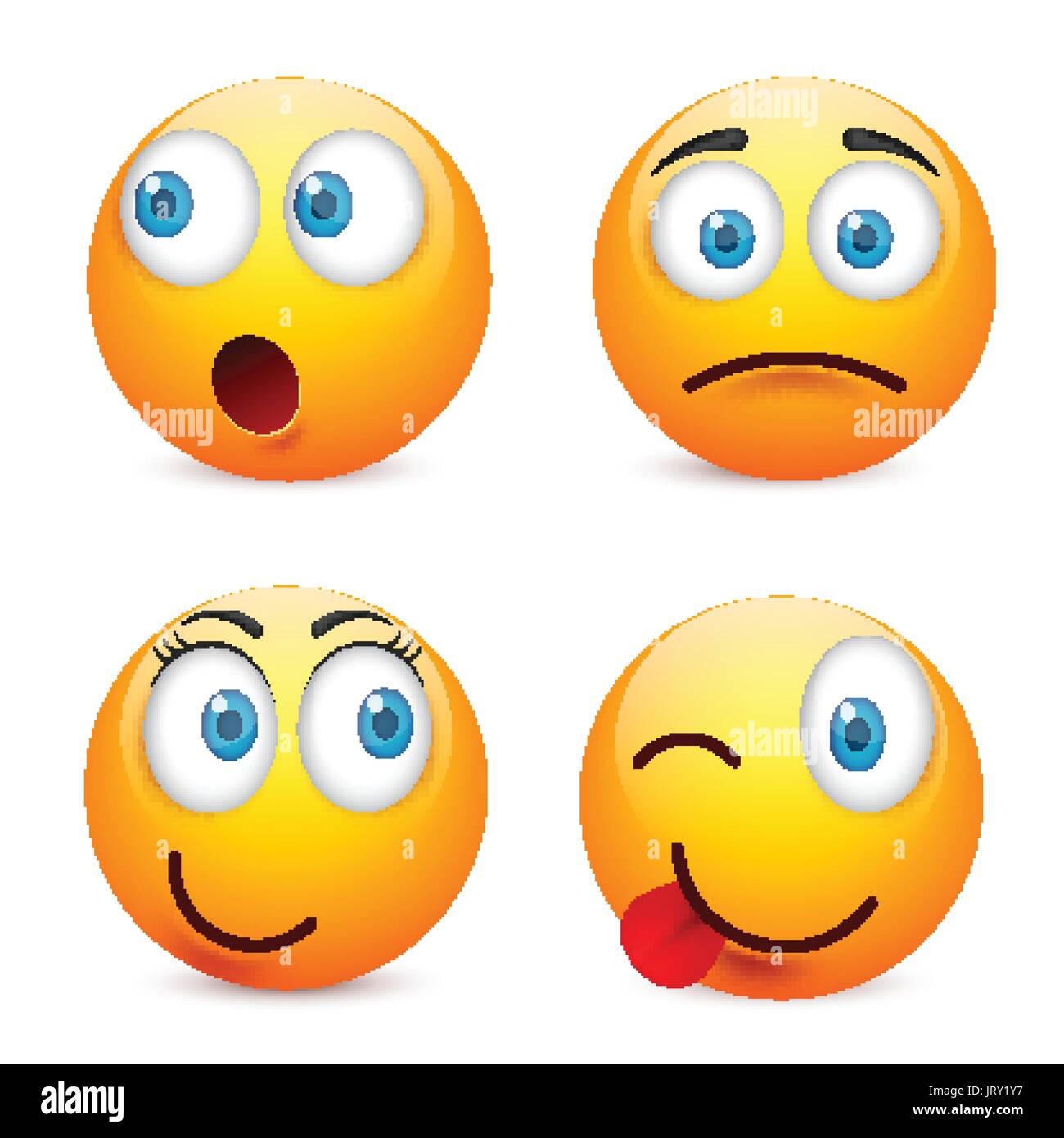 Smiley mit blauen Augen, Emoticon-Satz. Gelbes Gesicht mit Emotionen. Gesichtsausdruck. 3D realistisch Emoji. Traurig, glücklich, wütend Gesichter. Lustige Comic-Figur. Mood.Vector Abbildung. Stock Vektor