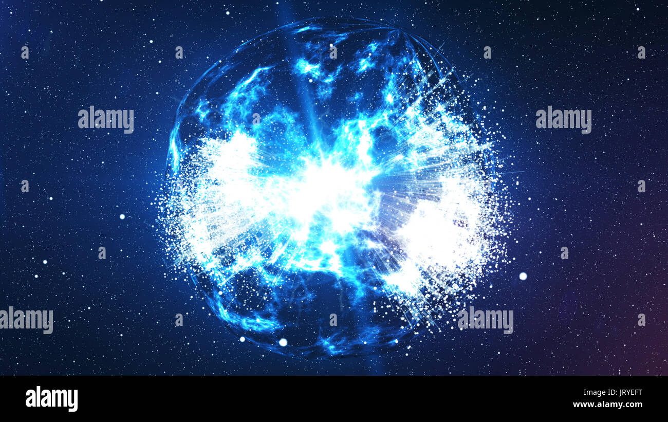 3D-Darstellung der sphärischen Big Bang, ähnlich den Clustern von plazma Antimaterie, mit Milliarden von atomaren Elemente, helle Sonnen und Planeten um Stockfoto
