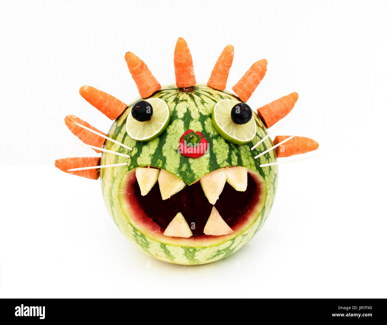 Eine Melone in den Kopf und die Verwendung von Obst und Gemüse Stockfoto