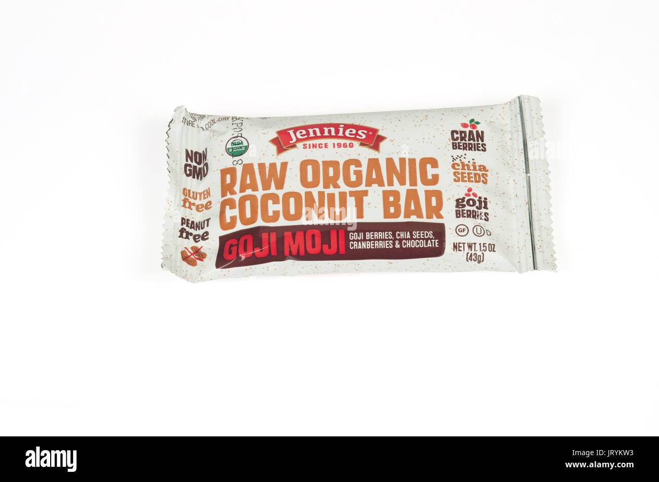 Jennie's Raw Organic Coconut Bar in Wrapper auf weißem Hintergrund Stockfoto