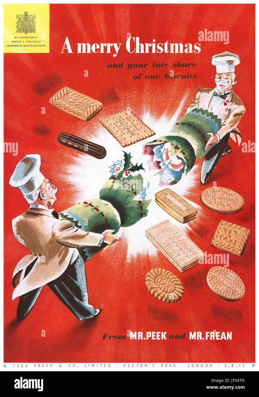 1948 britische Weihnachten Werbung für Peek Frean Biscuits. Stockfoto