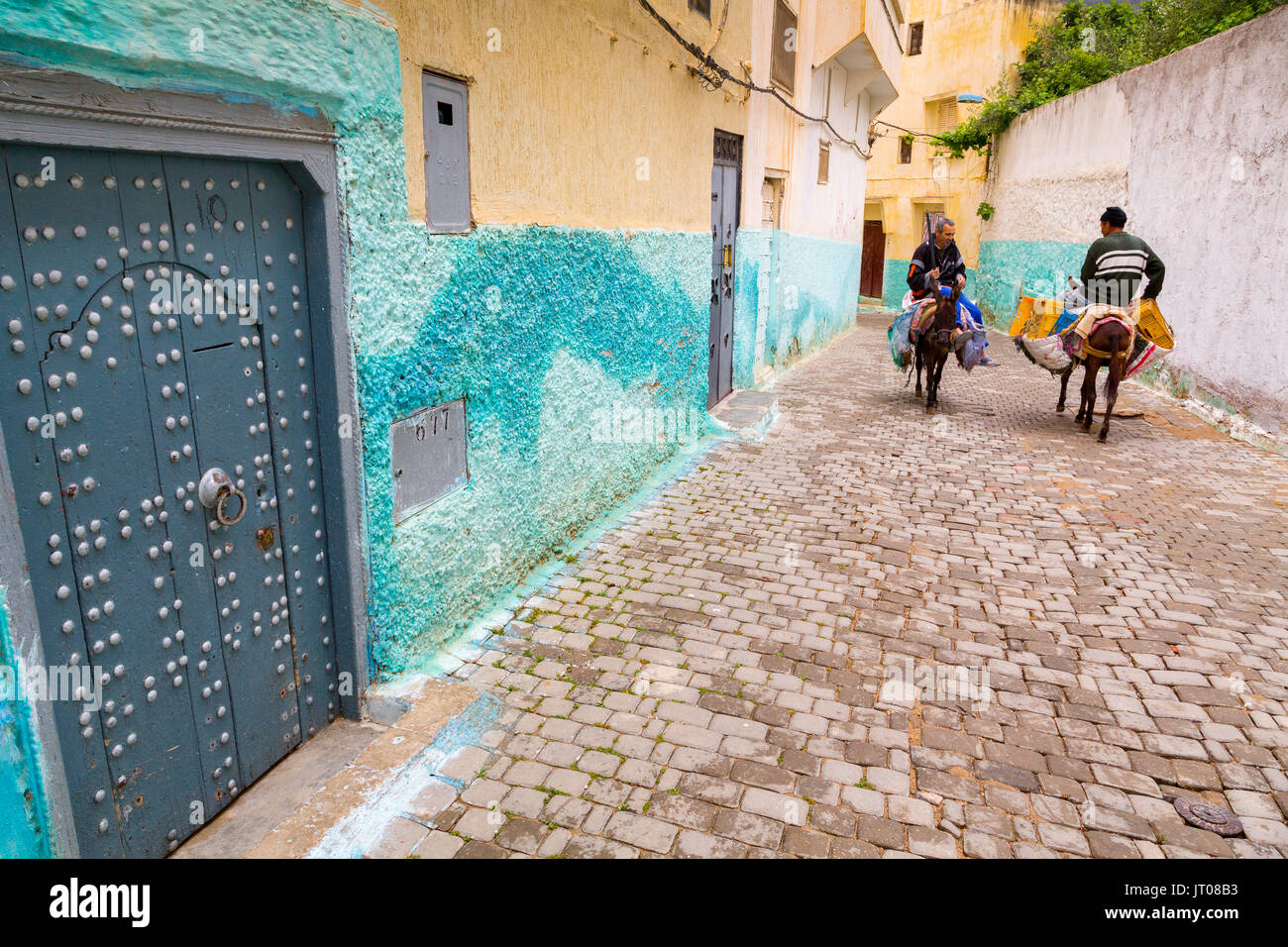 Herkömmliche blaue Tür eines Hauses. Mann, einen Esel, der das Leben auf der Straße Szene, Moulay Idriss. Marokko, Maghreb Nordafrika Stockfoto