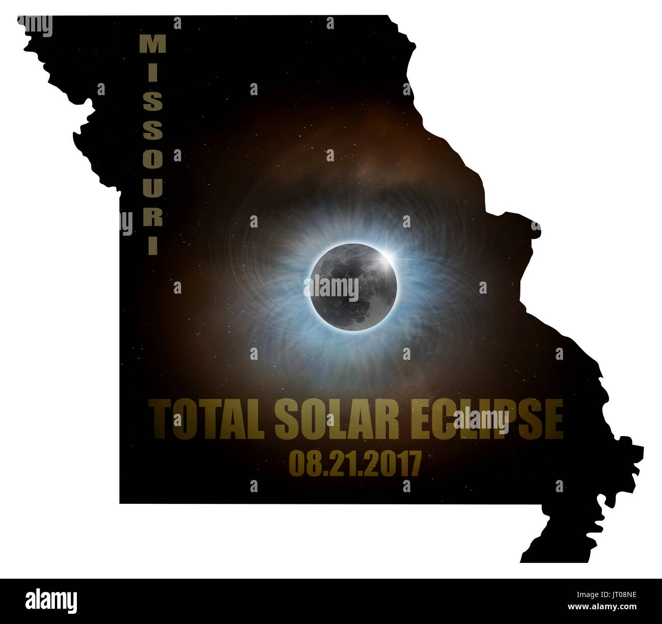 Totale Sonnenfinsternis sonne mond sterne Corona in Missouri State Map Überblick Stockfoto