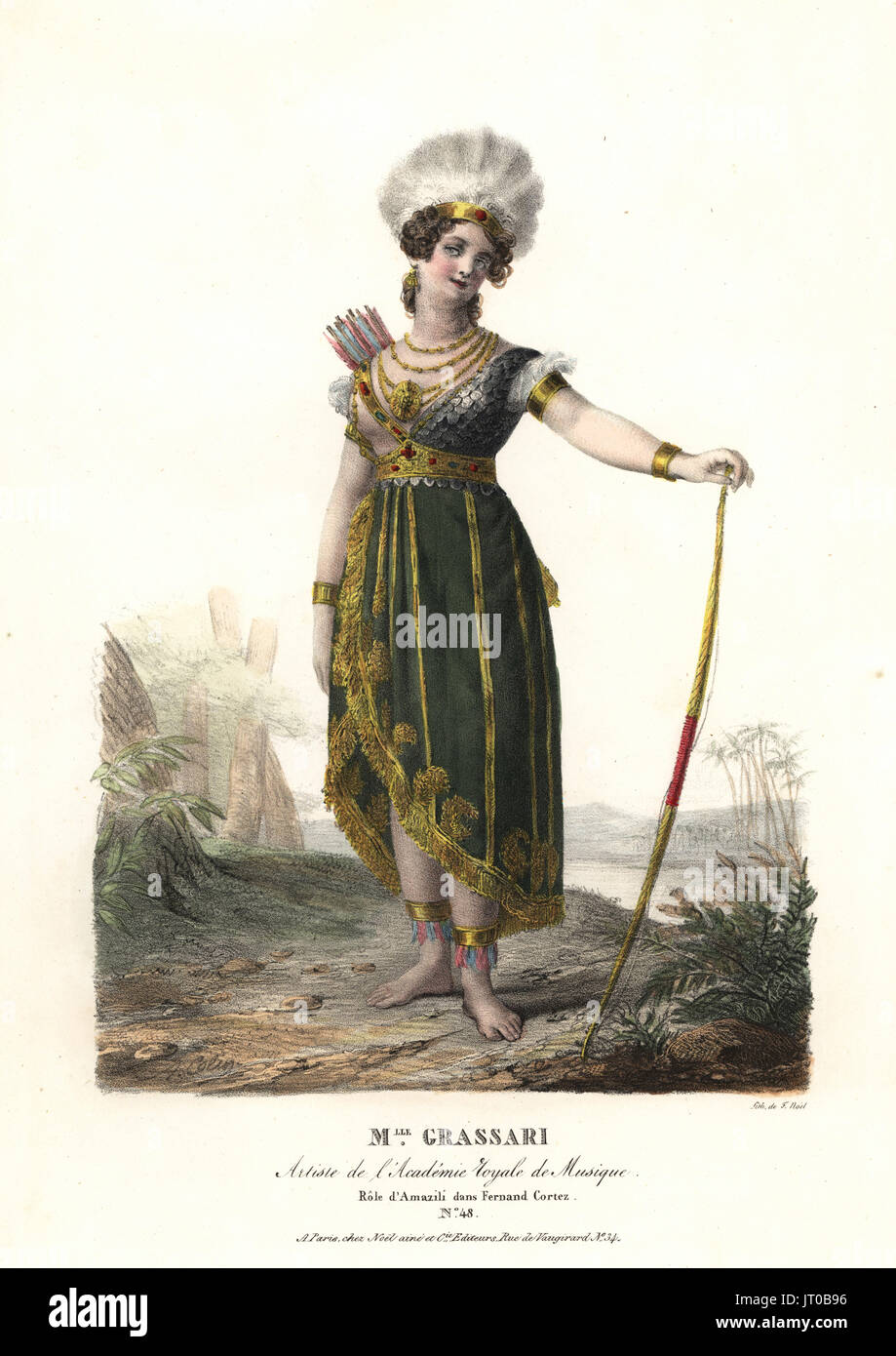 Die Sopranistin Opernsängerin Fräulein Grassari als Amazili in Fernand Cortez von Gaspare Spontini, Academie Royale de Musique. Handkoloriert Lithographie von F. Noel nach einer Illustration von Alexandre-Marie Colin aus Porträts d'Acteurs et d'Actrices Dans verschiedene Rollen, F. Noel, Paris, 1825. Stockfoto