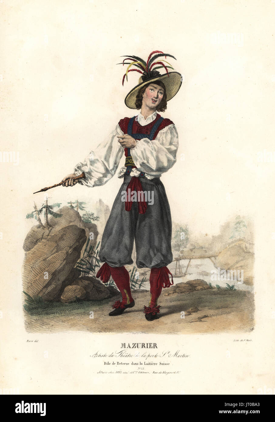 Tänzerin und MIME Charles-François Mazurier als Beterse im Ballett-pantomime La Laitiere Suisse, die Schweizer Milchmädchen von Antoine Titus und Frederic-Auguste Blache, Theater le La Porte St.Martin, 1823. Handkoloriert Lithographie von F. Noel nach einer Illustration von Lavigne Marin von Porträts d'Acteurs et d'Actrices Dans verschiedene Rollen, F. Noel, Paris, 1825. Stockfoto