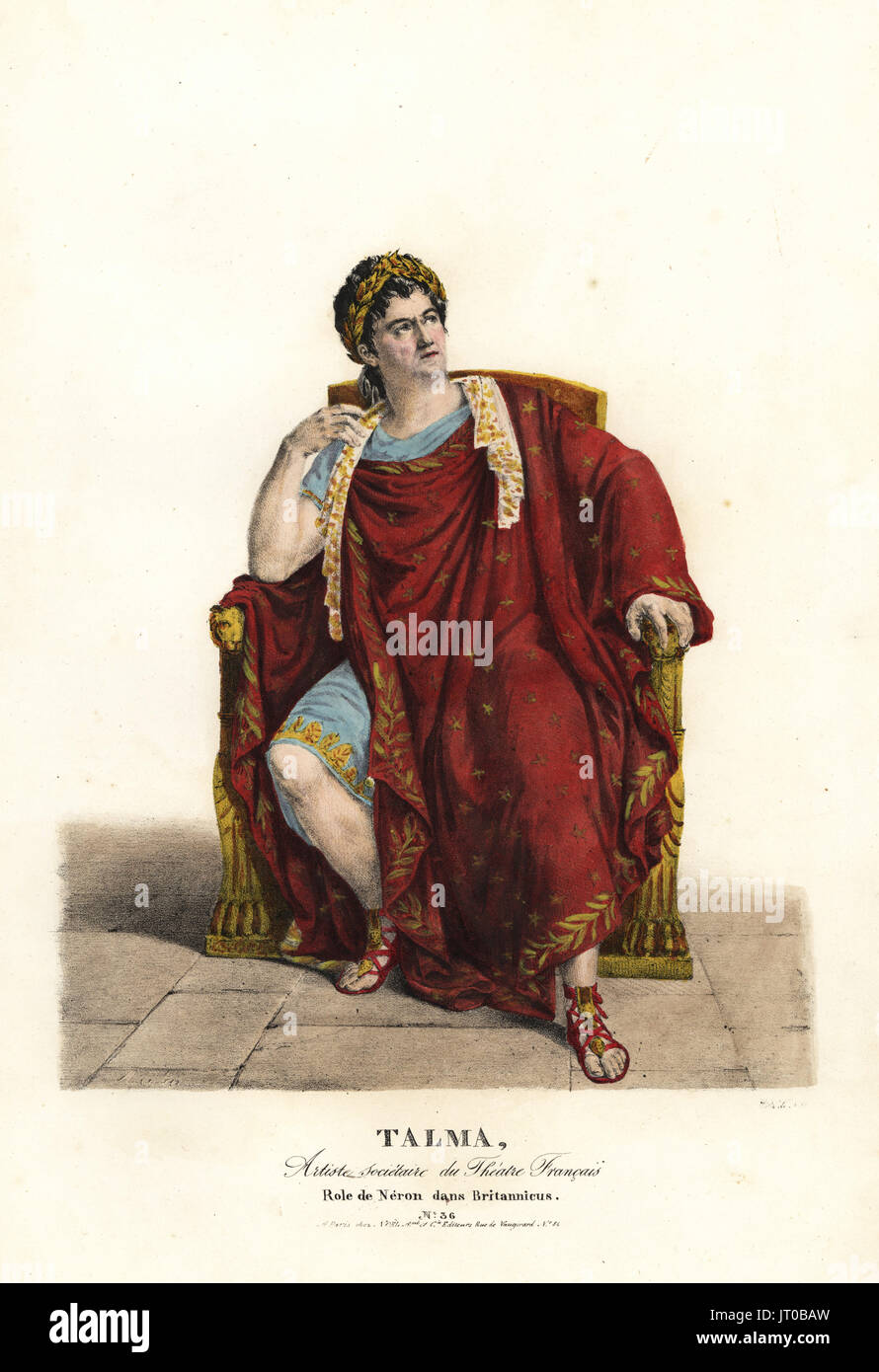 Francois Joseph Talma als Nero in Britannicus von Jean Racine, Theatre Francais, 1817. Nach dem Gemälde von Eugene Delacroix. Handkoloriert Lithographie von F. Noel nach einer Illustration von Alexandre-Marie Colin aus Porträts d'Acteurs et d'Actrices Dans verschiedene Rollen, F. Noel, Paris, 1825. Stockfoto