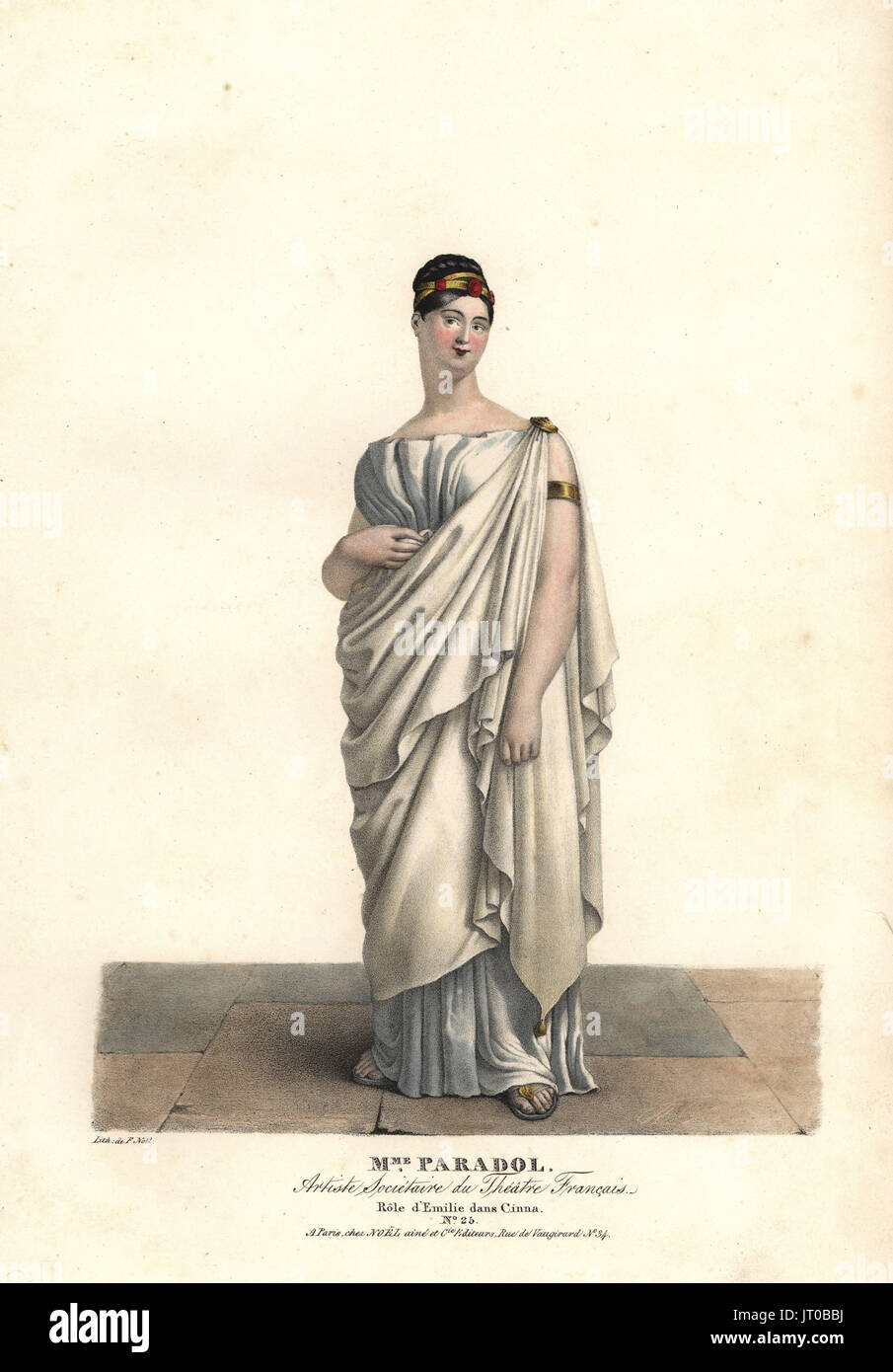 Madame Lucinde Paradol als Emilie in Cinna von Pierre Corneille, Theatre Francais, 1823. Handkoloriert Lithographie von F. Noel nach einer Illustration von Alexandre-Marie Colin aus Porträts d'Acteurs et d'Actrices Dans verschiedene Rollen, F. Noel, Paris, 1825. Stockfoto