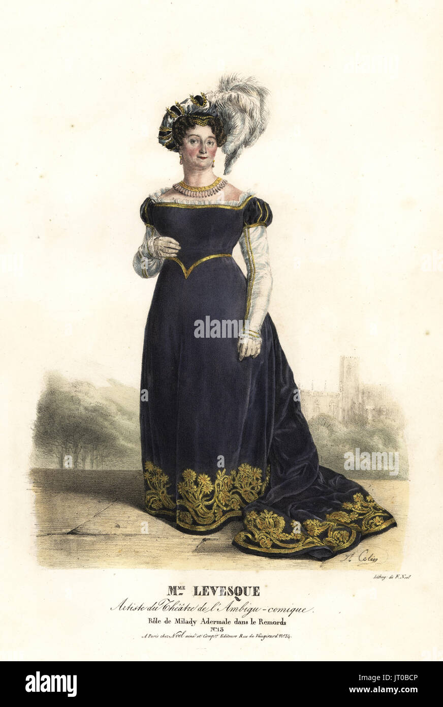 Madame Marie Jacqueline Levesque als Milady Adermale in Reue, Le Remords Ambigu-Comique, 1824. Handkoloriert Lithographie von F. Noel nach einer Illustration von Alexandre-Marie Colin aus Porträts d'Acteurs et d'Actrices Dans verschiedene Rollen, F. Noel, Paris, 1825. Stockfoto