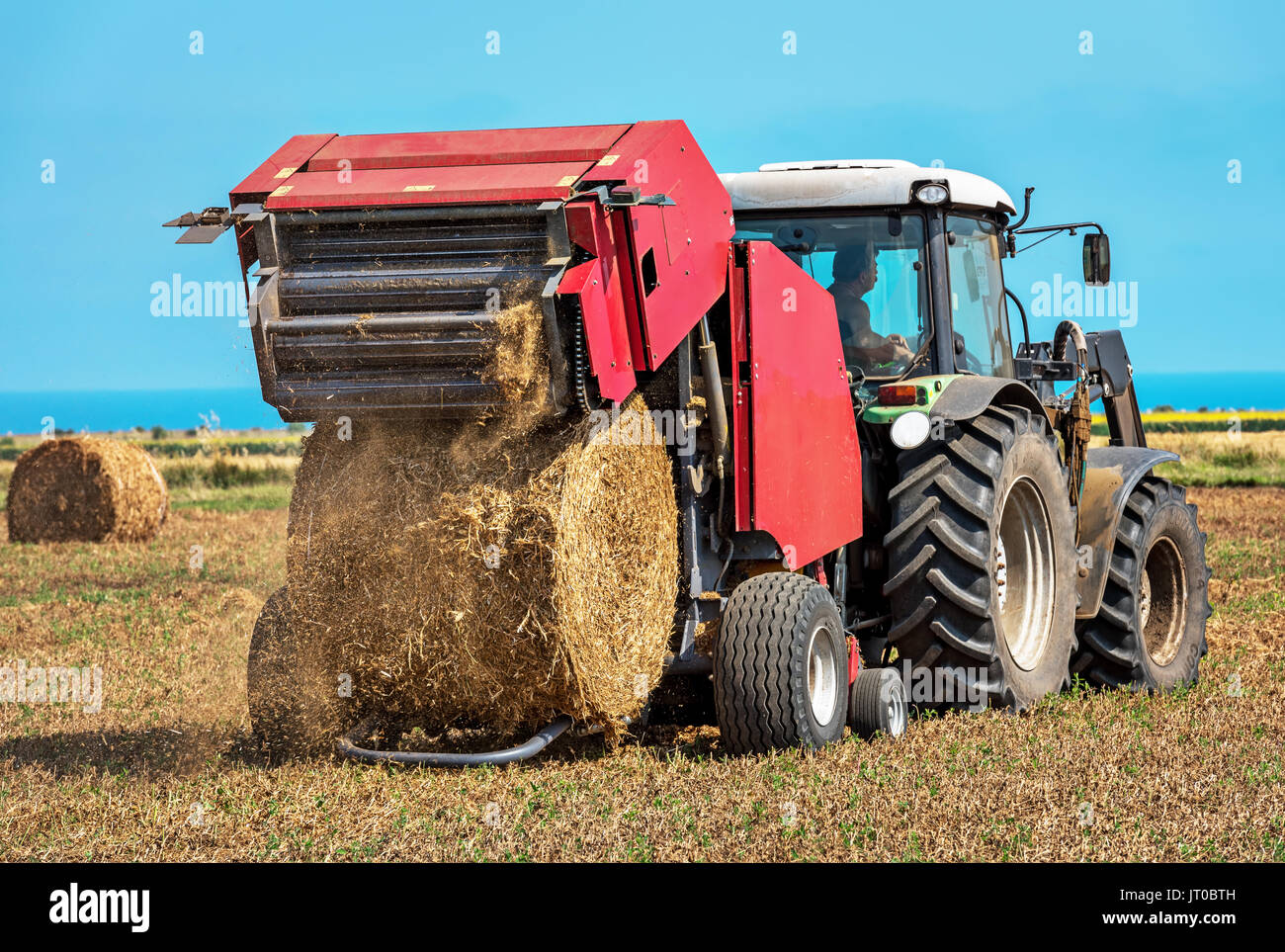 Universal Traktor Ernte Stroh auf dem Feld. Stockfoto