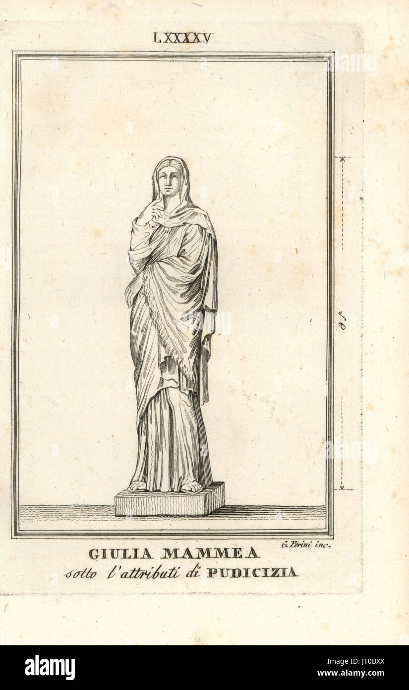 Statue der Julia Avita Mamaea mit den Attributen der Pudicitia, Göttin der Bescheidenheit. Kupferstich von G. Perini von Pietro Paolo Montagnani-Mirabili Il Museo Zeitabschnittes (The Capitoline Museum), Rom, 1820. Stockfoto