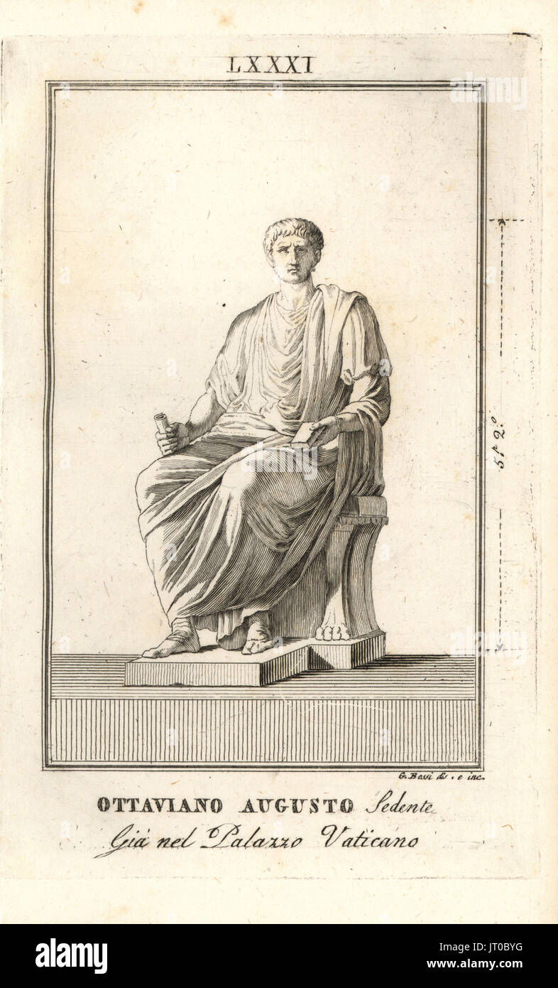 Statue eines sitzenden Roman Emperor Augustus, Ottaviano Augusto. Kupferstich, gezeichnet und gestochen von G. Bossi von Pietro Paolo Montagnani-Mirabili Il Museo Zeitabschnittes (The Capitoline Museum), Rom, 1820. Stockfoto