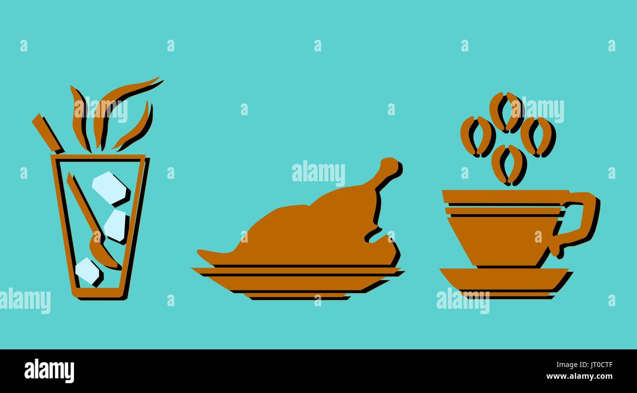 Vektor-Symbol Flachglas mit Löffel, Huhn auf Teller und Kaffee mit Rauch isoliert. Stock Vektor