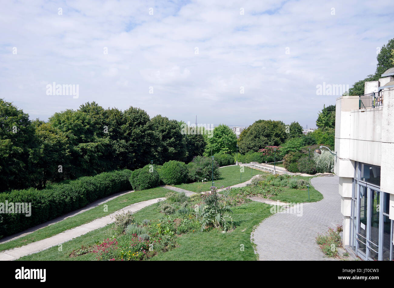 Park de Belleville, Paris, Frankreich, wurde 1988 eröffnet, der sich an einem der höchsten Punkte in der Stadt, in einer Gegend, die früher eine der ärmsten in der Stadt, Stockfoto