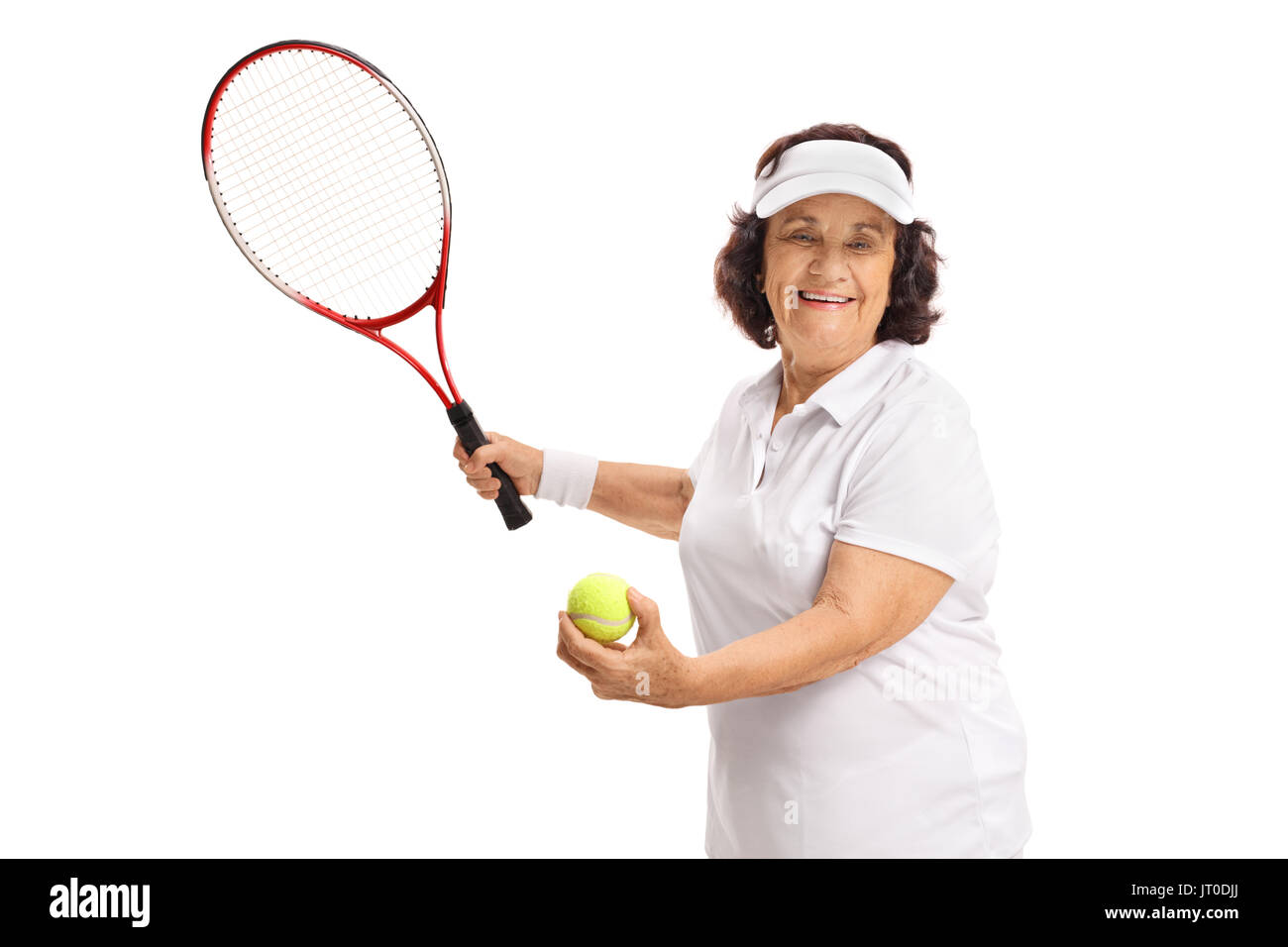 Senioren tennis player Vorbereitung auf weißem Hintergrund zu dienen Stockfoto