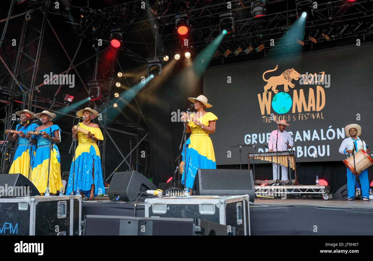 Grupo de Canalón Timbiquí durchführen an den WOMAD-Festival, Charlton Park, Malmesbury, Wiltshire, England, 29. Juli 2017 Stockfoto