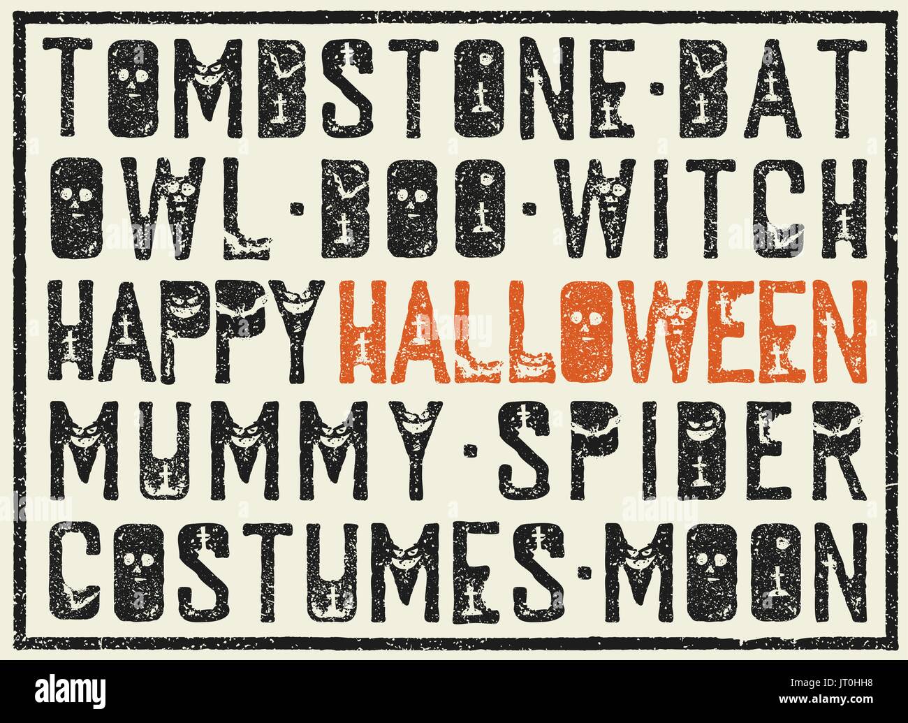 Halloween Worte dekorative Poster. Grunge Stempel Buchstaben mit beängstigend Elementen (Gräber, Kürbisse, Fledermäuse). Urlaub Wörter im Grunge-Frame. Stock Vektor