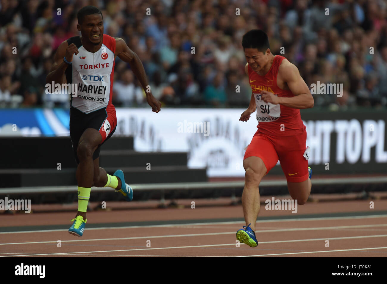 Bingtian SU und China Jak Ali HARVEY, Türkei, im 100-Meter-Halbfinale im London Stadium in London am 5. August 2017 an die IAAF World Championships Athletics 2017. Stockfoto