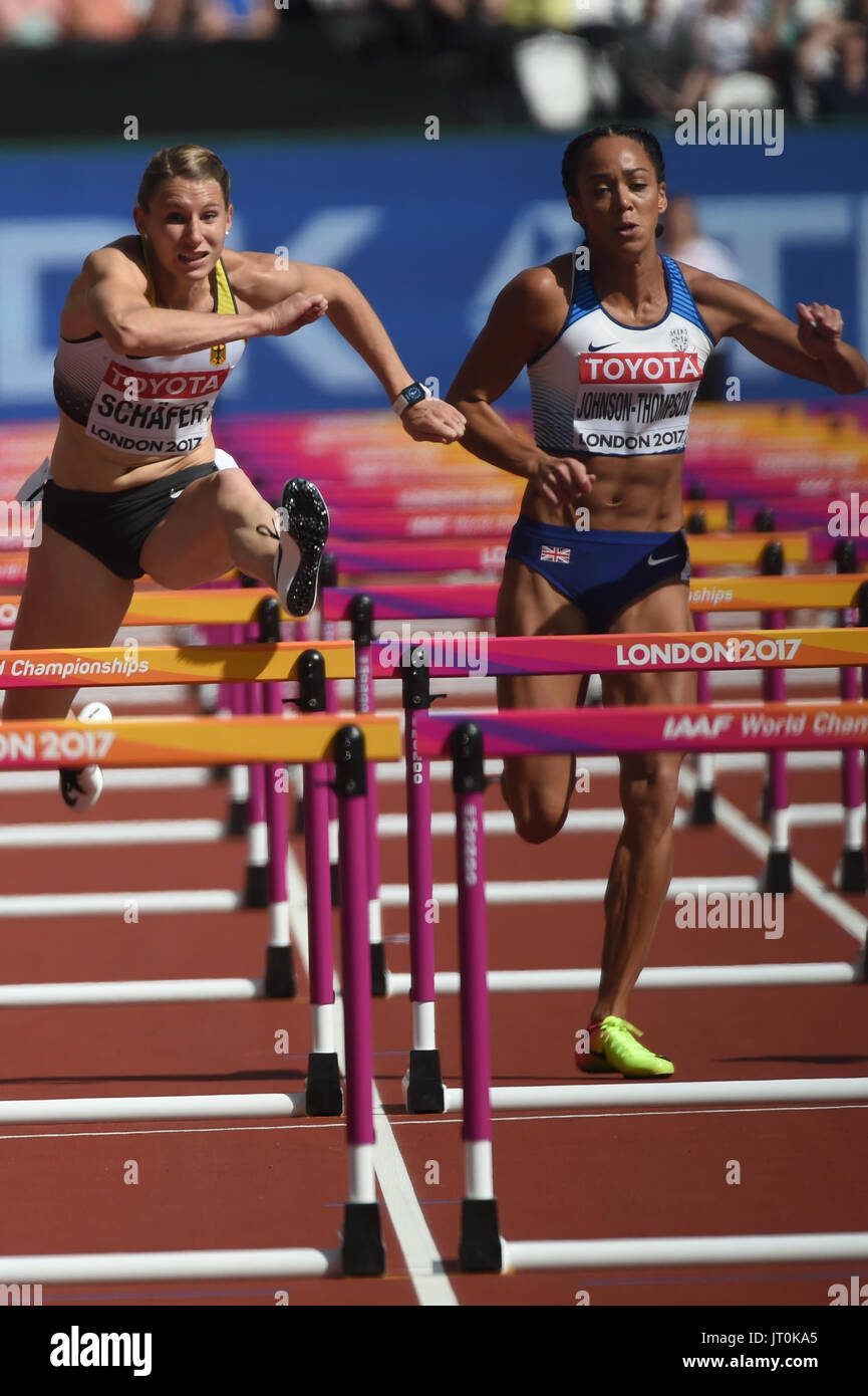 Erica BOUGARD, USA, und Carolin SCHÄFER, Deutschland und Katarina JOHNSON-THOMPSON, Großbritannien am 100-Meter-Hürden, SIEBENKAMPF im London Stadium in London am 5. August 2017 an die IAAF World Championships Athletics 2017. Stockfoto