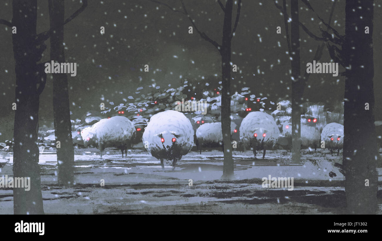 Nachtaufnahme der Herde von Daemon Schafe im Winter Landschaft, digital art Stil, Illustration Malerei Stockfoto