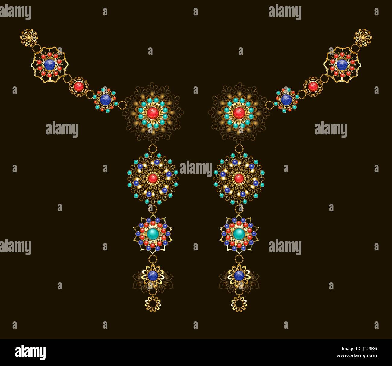 Symmetrische ethnische Dekor mit Lapislazuli, Jaspis und Türkis auf einem dunklen Hintergrund. Schmuck im Boho-Stil. Stock Vektor