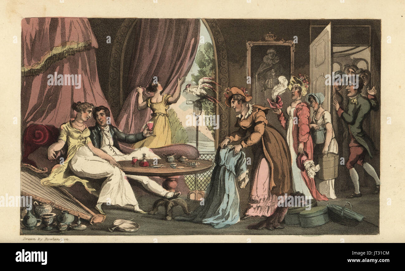 Johnny mit ein Verschwender: sie lounge auf einem Sofa, Wein zu trinken, wie eine Linie der Handwerksmeister/innen Show Kleider, Hüte und andere Putz. Ein Diener schließt die Tür auf mehr Vertriebspersonal. Auf dem Boden sind Vasen, eine Harfe, Hutschachteln. Handkoloriert Kupferstich von Thomas Rowlandson aus William Combe die Geschichte von Johnny Quae Genus, das kleine Findelkind der späten Arzt Syntax, Ackermann, London, 1822. Stockfoto