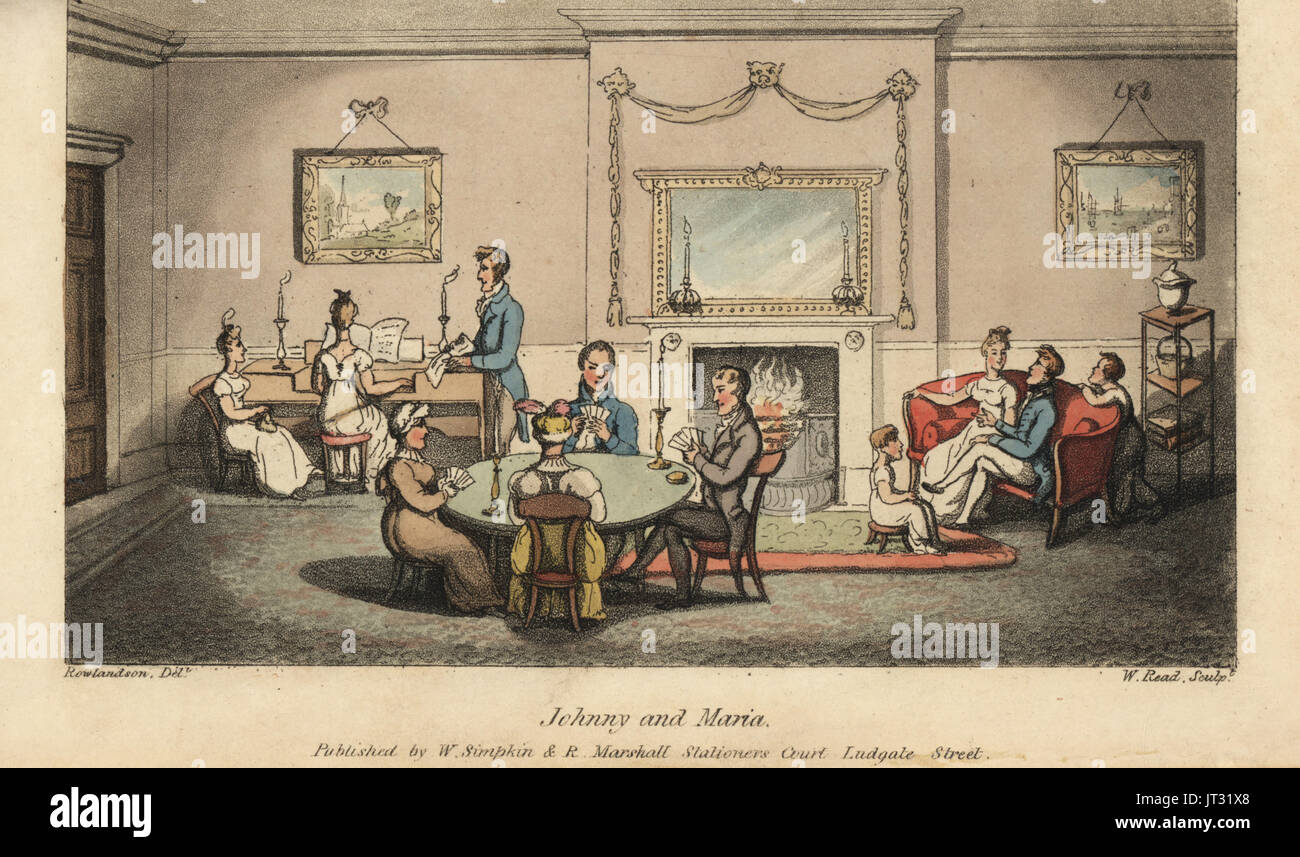 Johnny, umwerben Maria in eine Stube, während andere Karten spielen und Lieder vor dem Herd singen. Handkoloriert Kupferstich von W. Read nach einer Illustration von Thomas Rowlandson aus Alfred Burton die Abenteuer von Johnny Newcombe in der Marine, Simpkin, London, 1818. Stockfoto