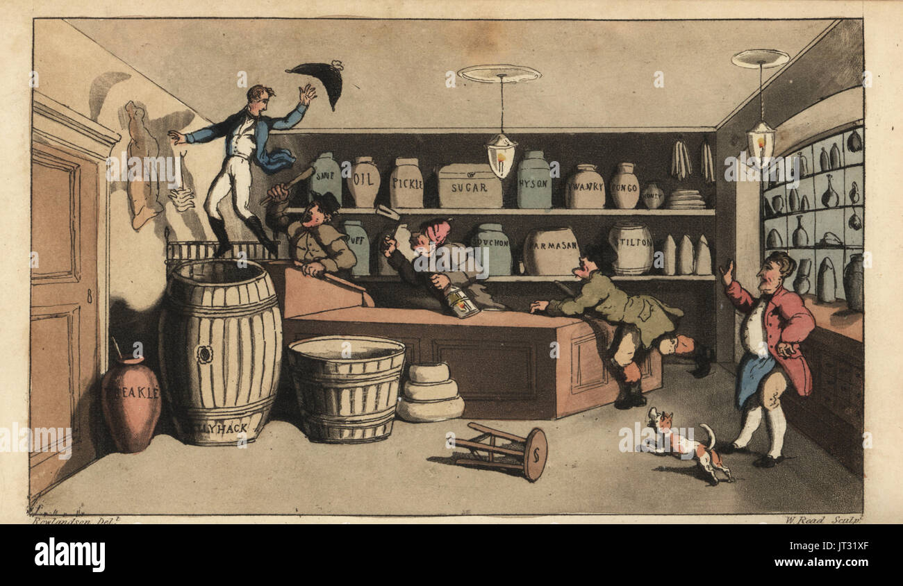 Betrunken Johnny verfolgten Nachtwächter in einem Lebensmittelladen, in ein Fass mit Butter zu fallen. Handkoloriert Kupferstich von W. Read nach einer Illustration von Thomas Rowlandson aus Alfred Burton die Abenteuer von Johnny Newcombe in der Marine, Simpkin, London, 1818. Stockfoto