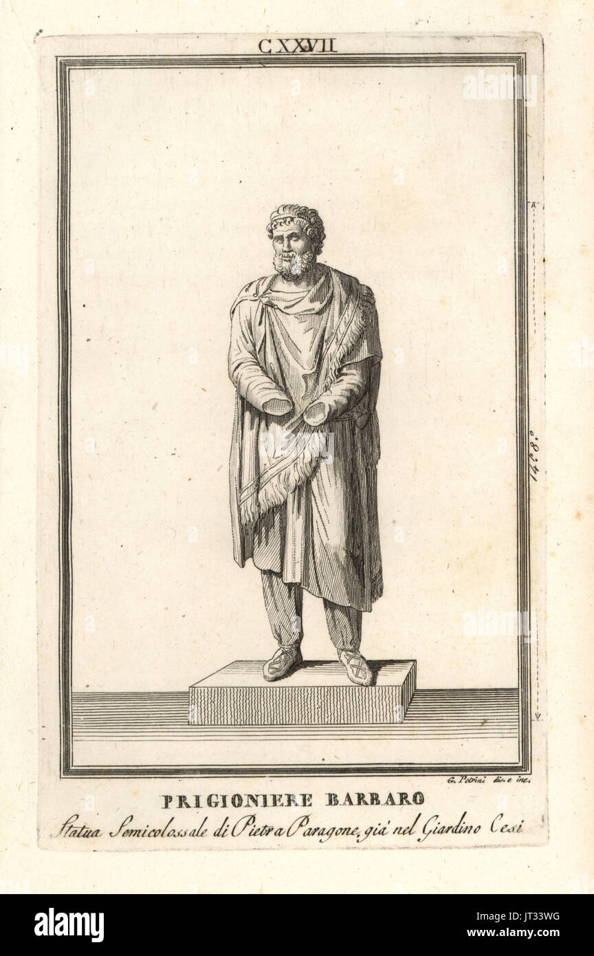 Die Statue der Barbarenkönig inhaftiert. Von Giardino Cesi. Kupferstich nach einer Illustration von G. Petrini von Pietro Paolo Montagnani-Mirabili Il Museo Zeitabschnittes (The Capitoline Museum), Rom, 1820. Stockfoto