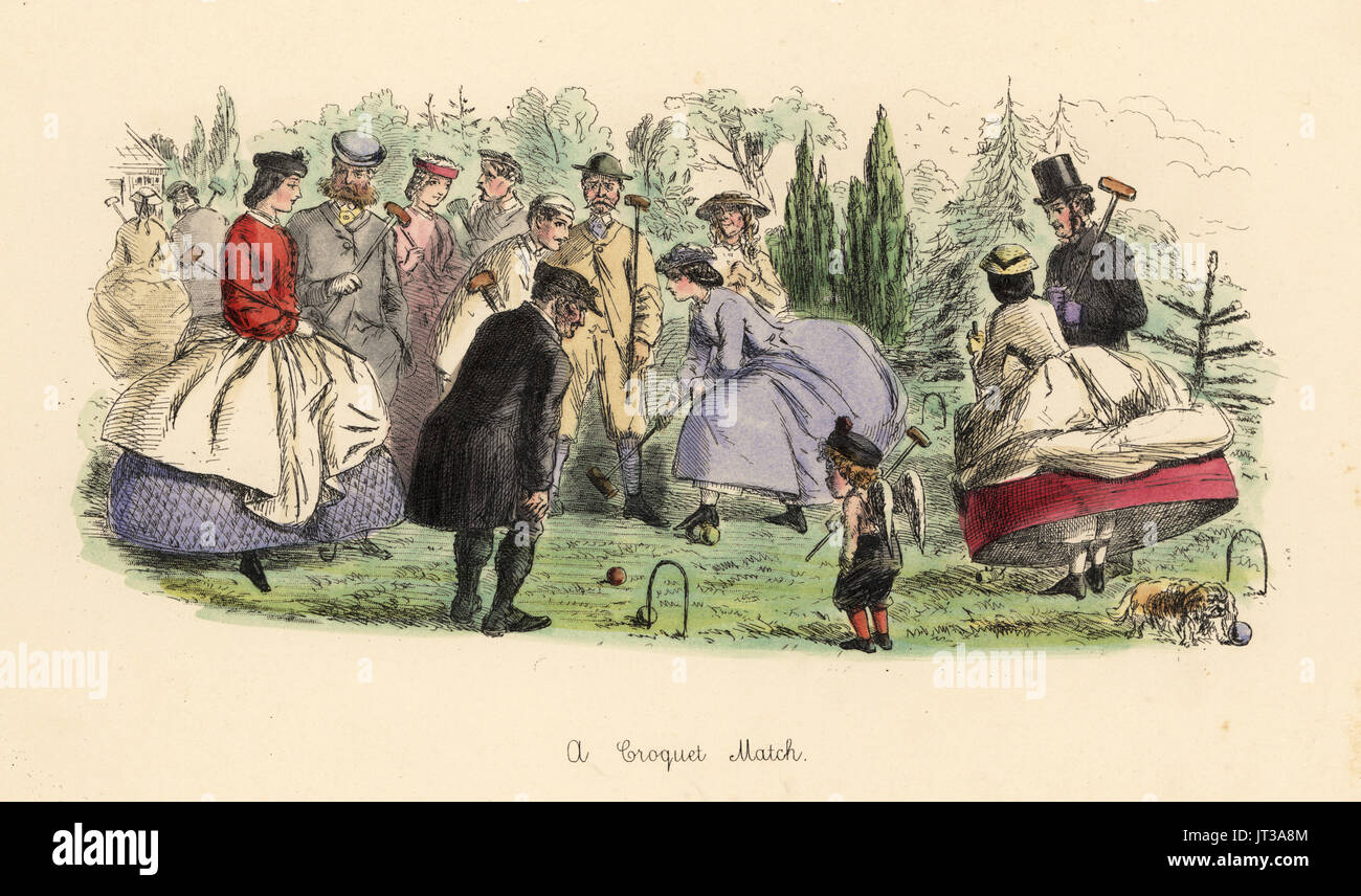 Ein Croquet-Spiel, 1862. Viktorianische Herren und Damen Mode Spiel Krocket. Eine Frau Schritte auf einem Ball, um ihre männlichen Gegner, Weile Krocket zeigt eine andere Dame ihre Knöchel unter ihrer Krinoline Röcken. Radierung von John Leech von Torheiten der des Jahres von Punch Taschenbücher, Bradbury, London, 1864 handkoloriert. Stockfoto