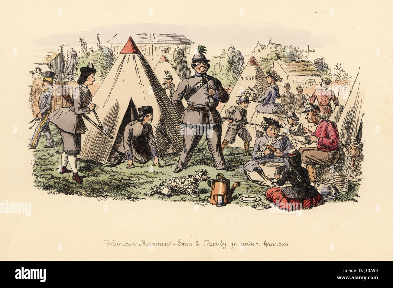 Freiwillige Bewegung, Jones & Familie unter Leinwand, 1862. Satirische print zeigt eine viktorianische Familie Soldaten für die Volunteer Force, eine Teilzeit territoriale Armee zu spielen. Radierung von John Leech von Torheiten der des Jahres von Punch Taschenbücher, Bradbury, London, 1864 handkoloriert. Stockfoto