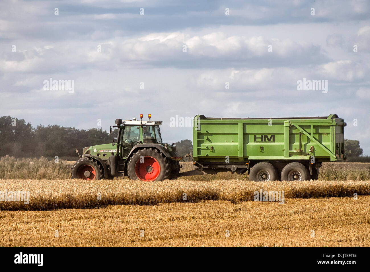 ROCHFORD, ESSEX, Großbritannien - 06. AUGUST 2017: Traktor und Anhänger warten darauf, während der Ernte zum Start des geernteten Getreides aufgerufen zu werden. Stockfoto
