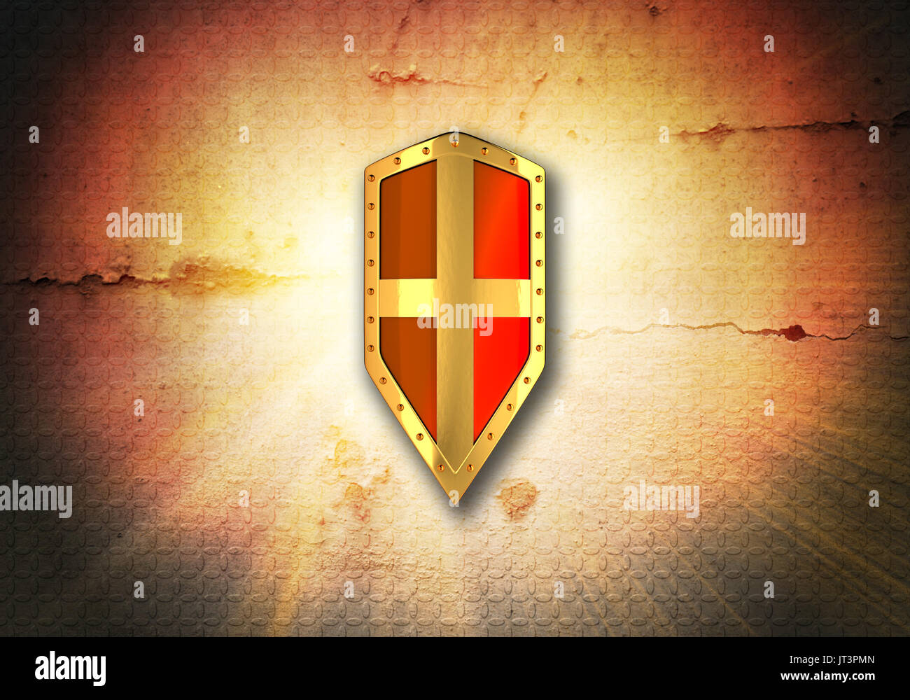 Rotes Schild mit schwarzen Ecken auf der dunklen rauen Hintergrund. Stockfoto