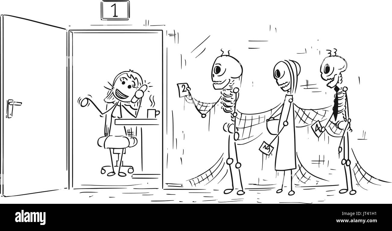 Cartoon-Vektor-Stick Mann Illustration der drei menschliche Skelette von Menschen starben in der Warteschlange oder Linie, weiblichen Angestellten oder Büroangestellte ist Stock Vektor