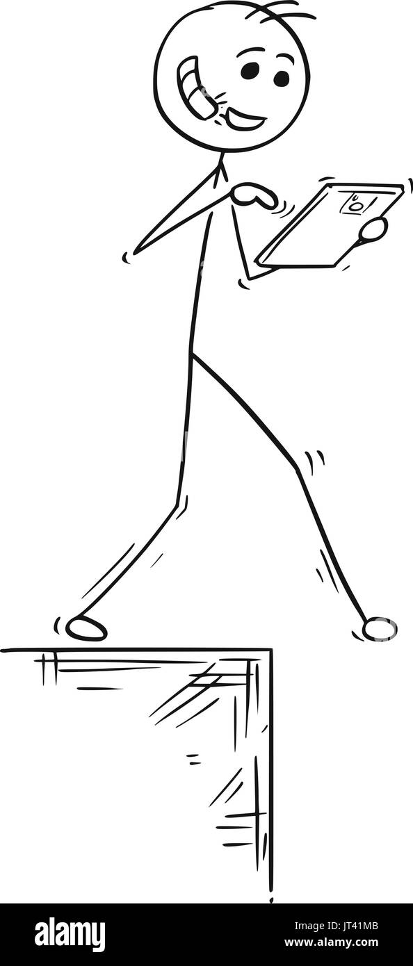 Cartoon-Vektor-Illustration von Strichmännchen zu Fuß mit Freisprecheinrichtung, Freisprecheinrichtung und Tablet und herunterfallen Stock Vektor