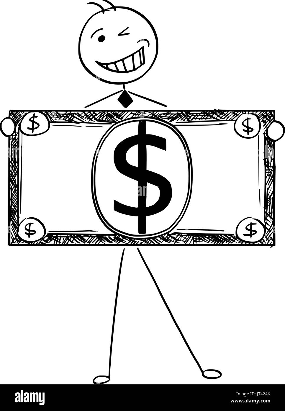Comic-Illustration der glücklich lächelnd Stick Mann Geschäftsmann, Manager, Angestellte oder Politiker posiert mit großen Dollarschein oder banknote Stock Vektor