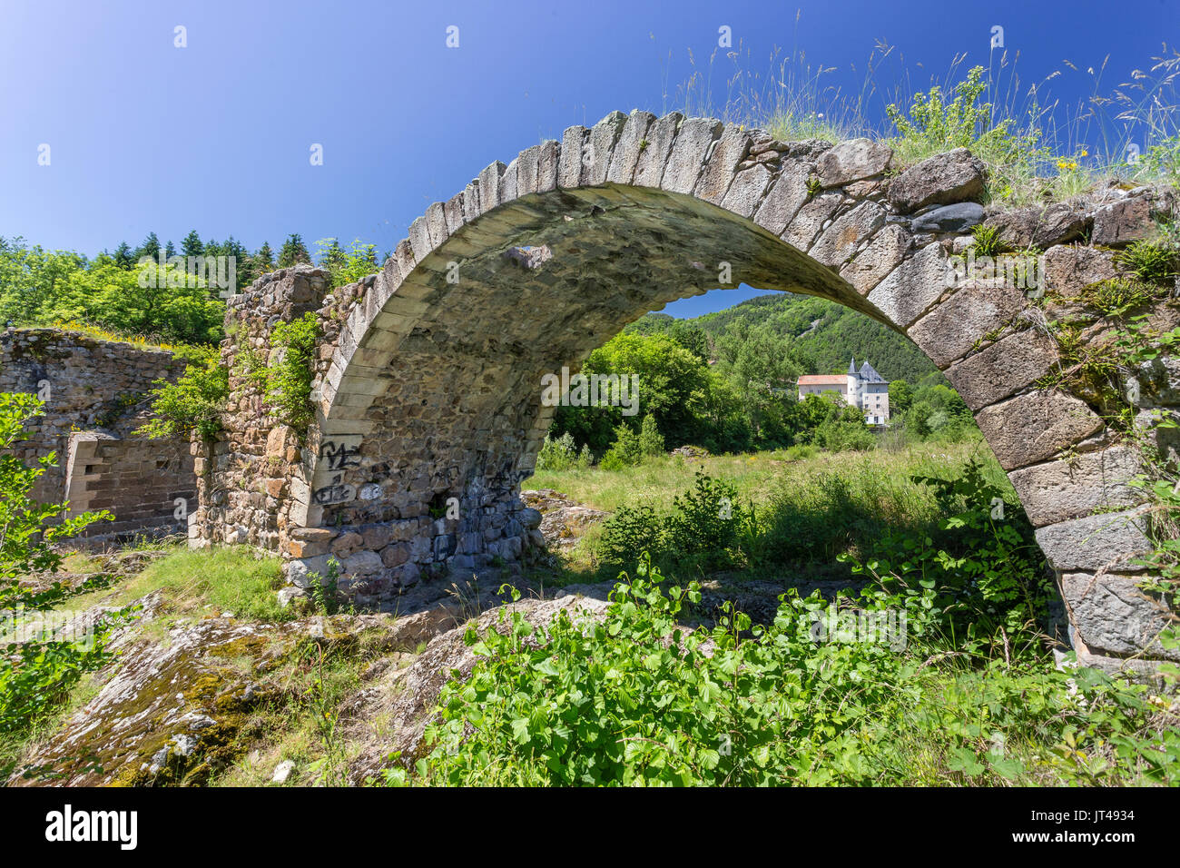 Frankreich, Haute-Loire, lavoute-sur-Loire, die Ruinen der alten Brücke am Fluss Loire Stockfoto