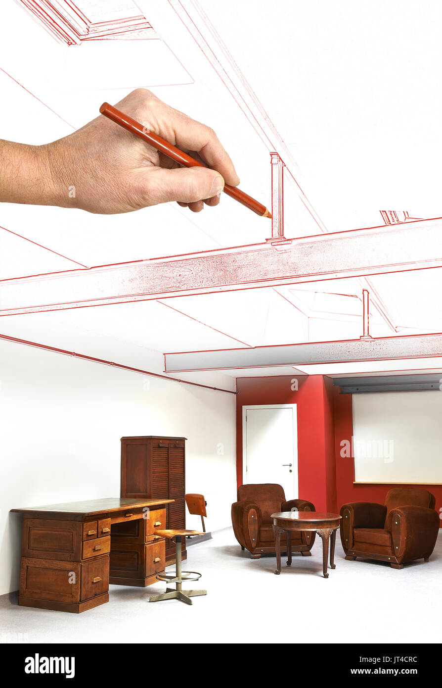 Zeichnung loft apartment Einrichtung mit Schreibtisch und Stühlen Stockfoto