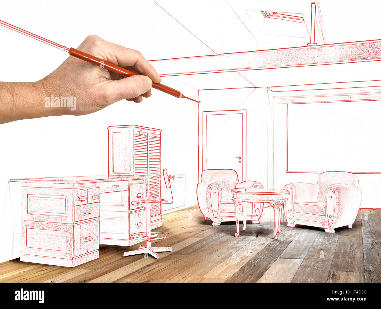 Zeichnung Innenraum breite Loft, Büro- und Holzboden Stockfoto