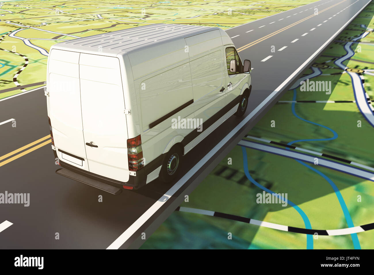 Lieferung van verläuft entlang der Autobahn auf einer Straßenkarte. 3D-Rendering Stockfoto