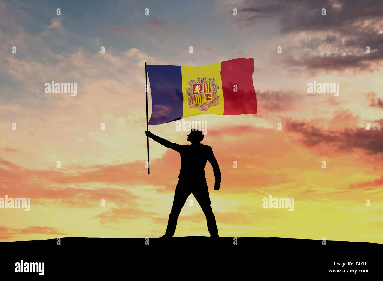 Männliche silhouette Abbildung winken Andorra Flagge. 3D-Rendering Stockfoto