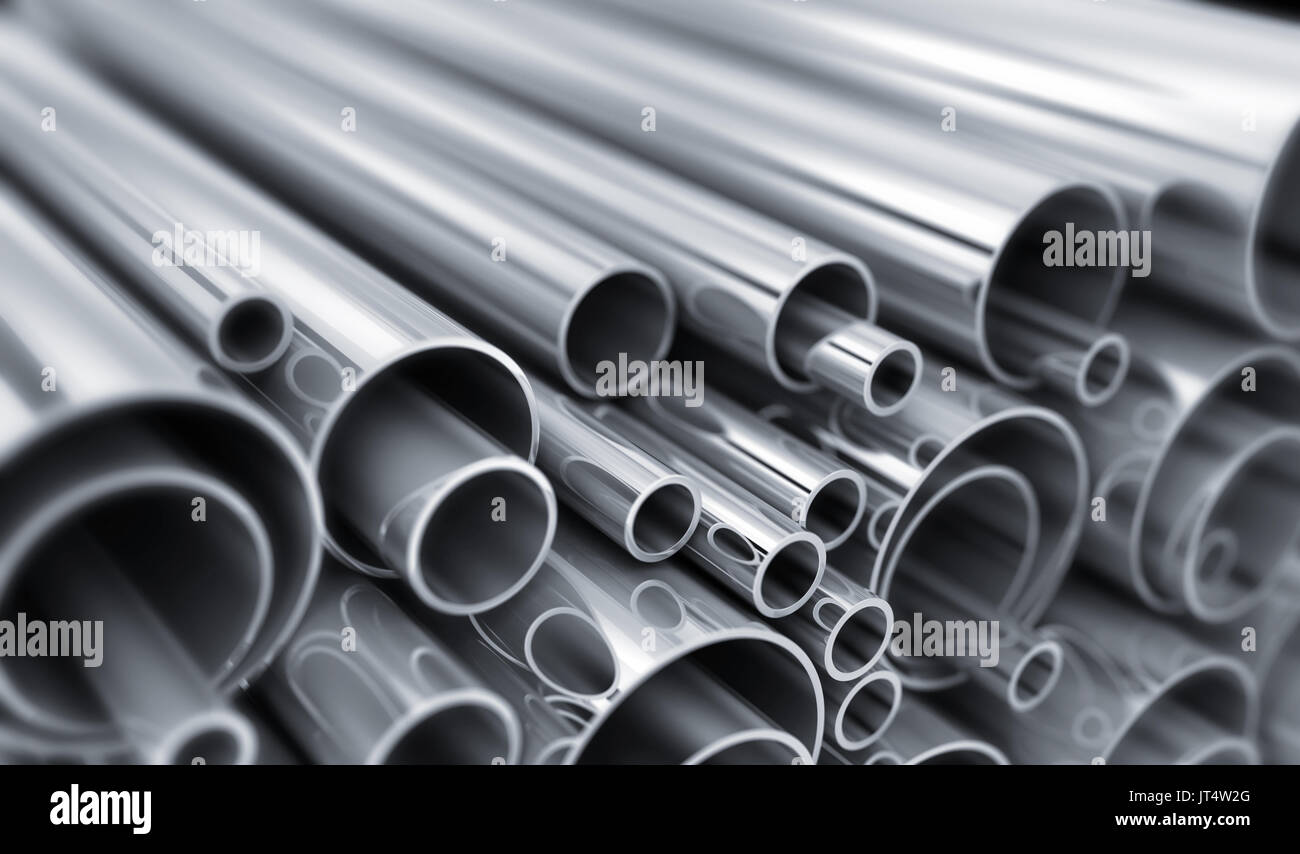 Stahlrohr, Metall- Industrie. Schwerpunkt Bild in der Mitte. 3D-Darstellung Stockfoto