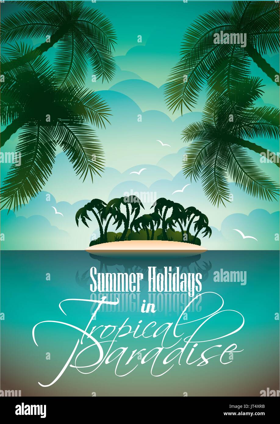 Vektor Sommer Urlaub Flyer Design mit Palmen und Paradise Island auf Wolken Hintergrund. EPS10 Abbildung. Stock Vektor