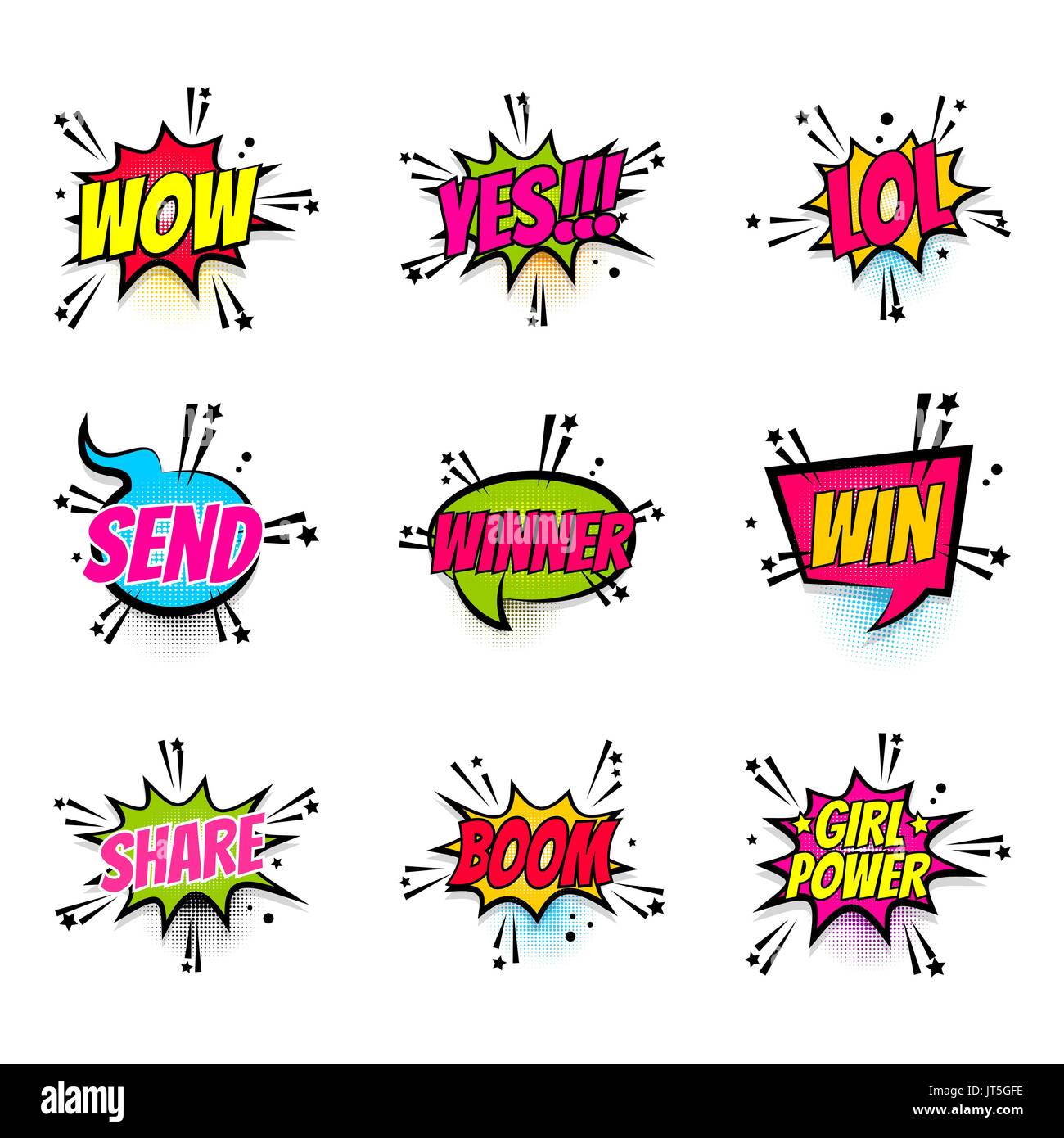 Comic-Text Speech Bubble Pop-Art set Frauenpower Stock Vektor