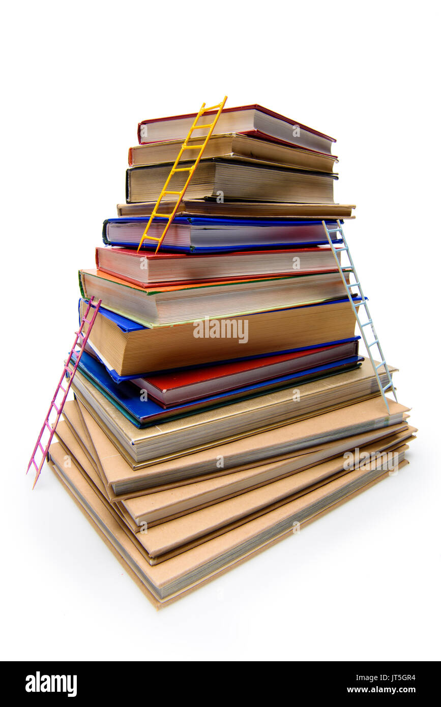 Stapel von Büchern mit Leitern auf Weiß, pädagogisches Konzept isoliert Stockfoto